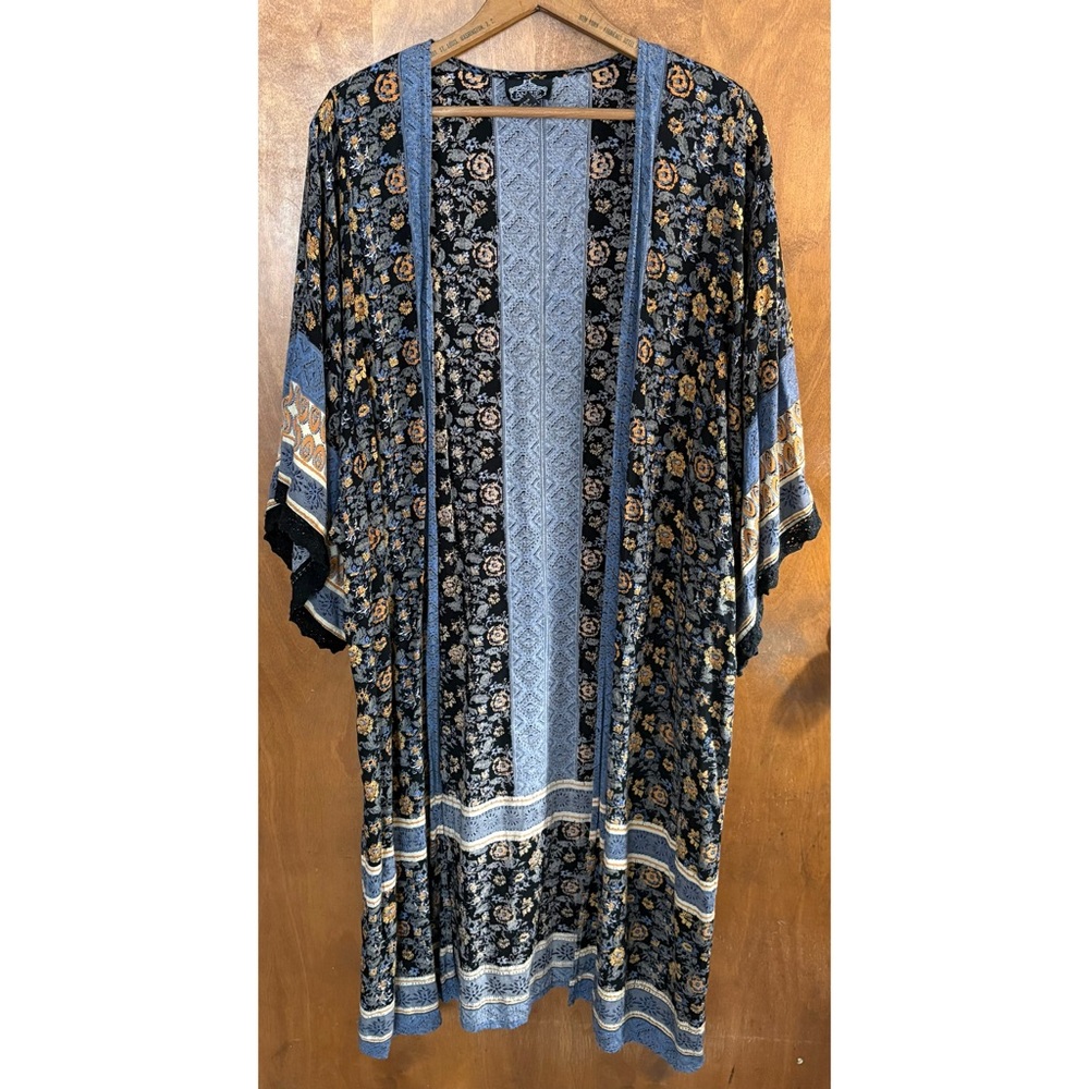 Angie Dark Ditsy Floral Longline Kimono Robe Black Crochet Lace Witchy Goth Boho
